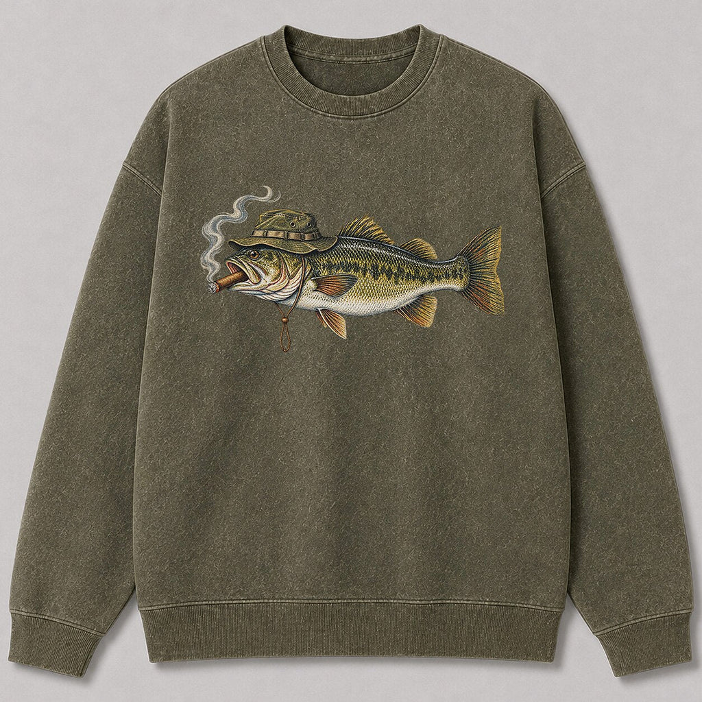 Washed Cigar-Smoking Largemouth Bass Fishing Graphic Crewneck Sweatshirt for Men - front product view