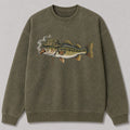 Washed Cigar-Smoking Largemouth Bass Fishing Graphic Crewneck Sweatshirt for Men - front product view