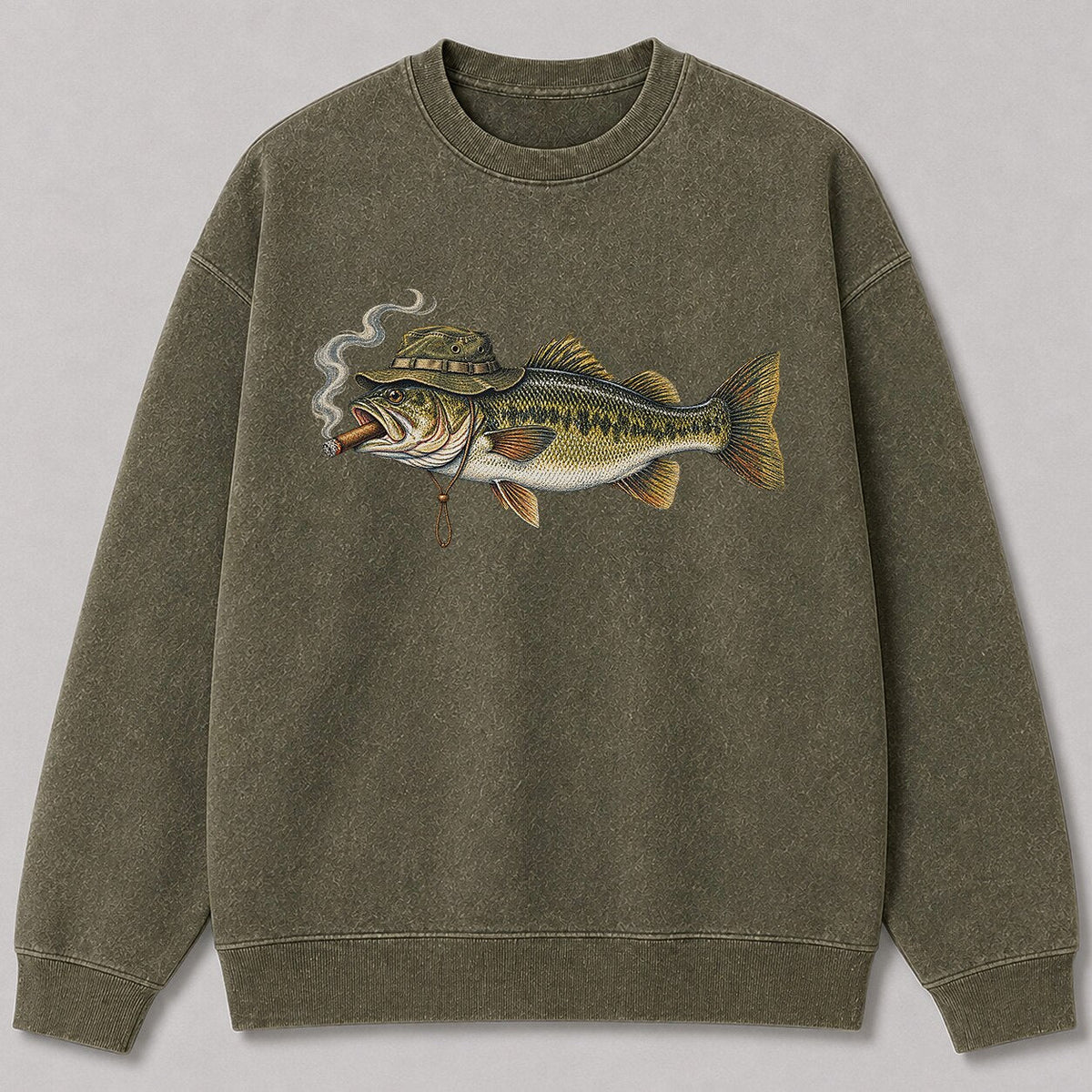 Washed Cigar-Smoking Largemouth Bass Fishing Graphic Crewneck Sweatshirt for Men - front product view