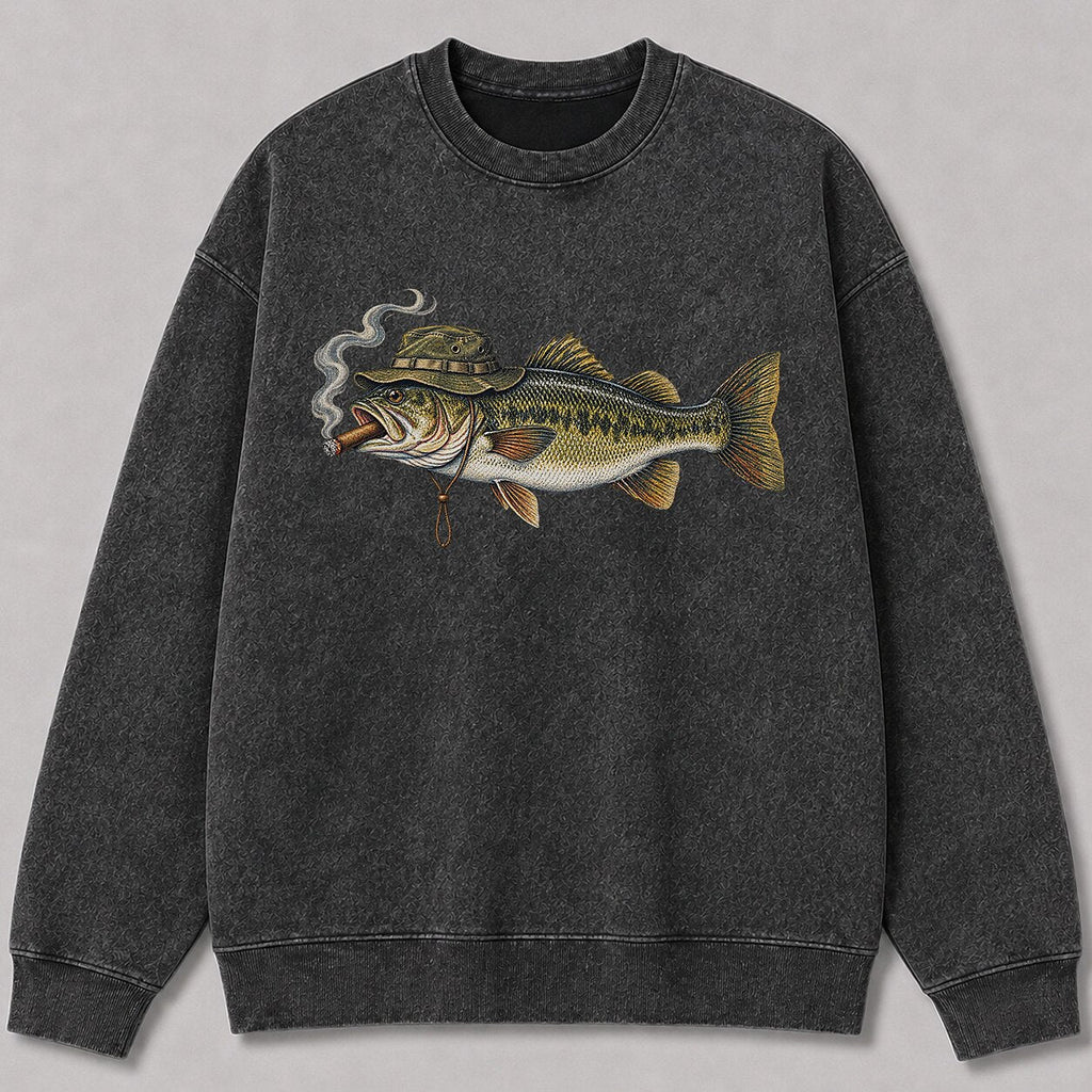 Washed Cigar-Smoking Largemouth Bass Fishing Graphic Crewneck Sweatshirt for Men - alternate product view