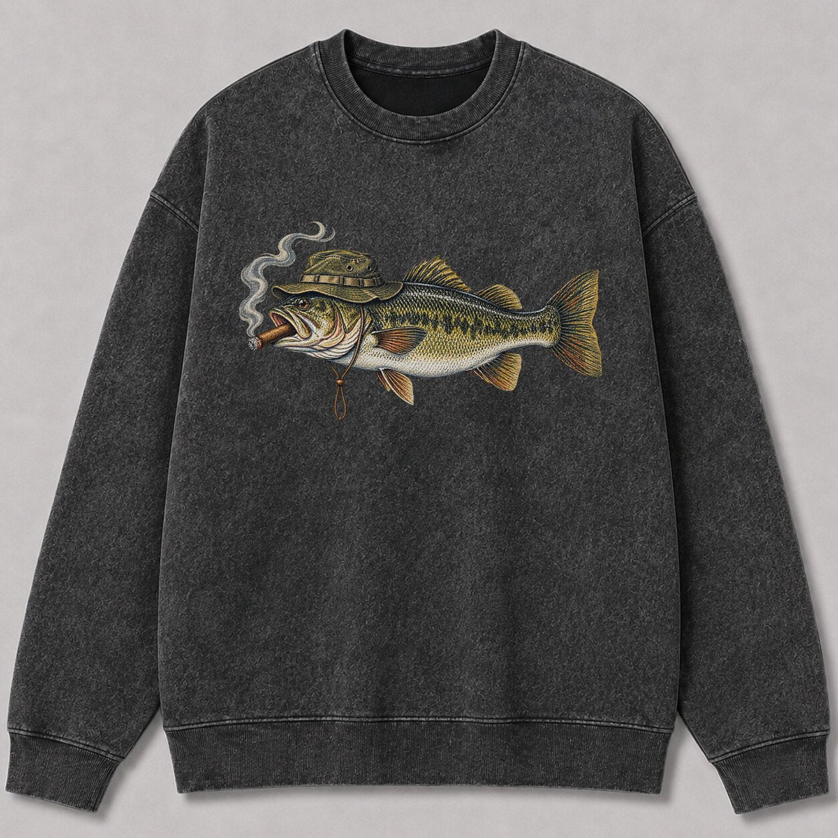 Washed Cigar-Smoking Largemouth Bass Fishing Graphic Crewneck Sweatshirt for Men - alternate product view