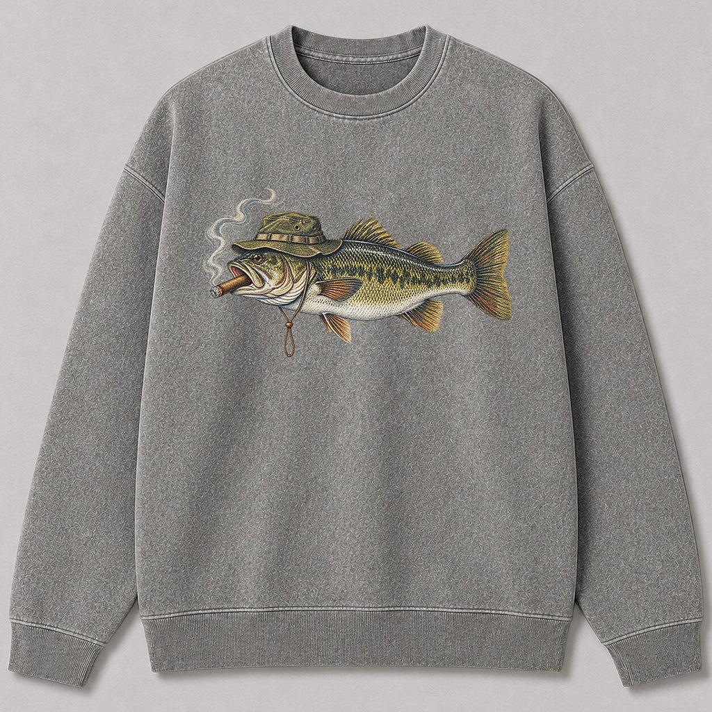 Washed Cigar-Smoking Largemouth Bass Fishing Graphic Crewneck Sweatshirt for Men - lifestyle product view
