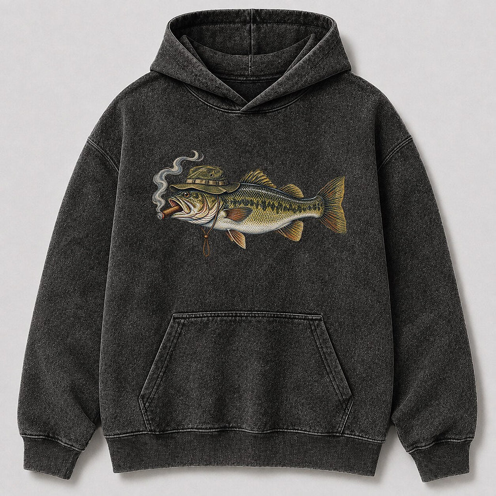 Washed Cigar-Smoking Largemouth Bass Fishing Hoodie for Men - front product view