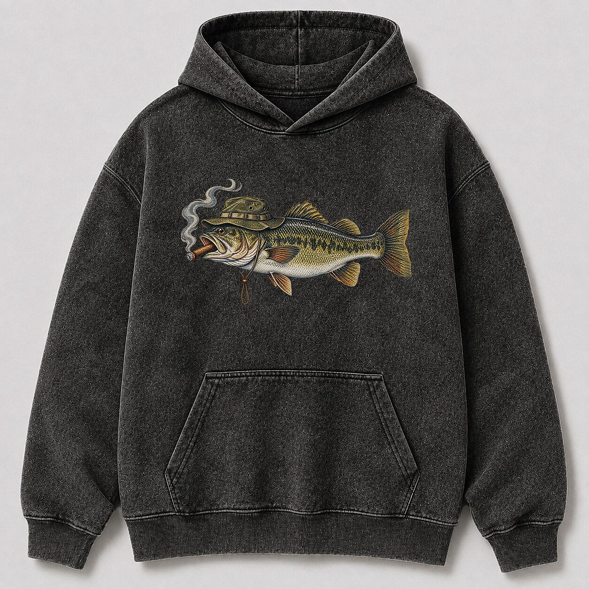 Washed Cigar-Smoking Largemouth Bass Fishing Hoodie for Men - front product view