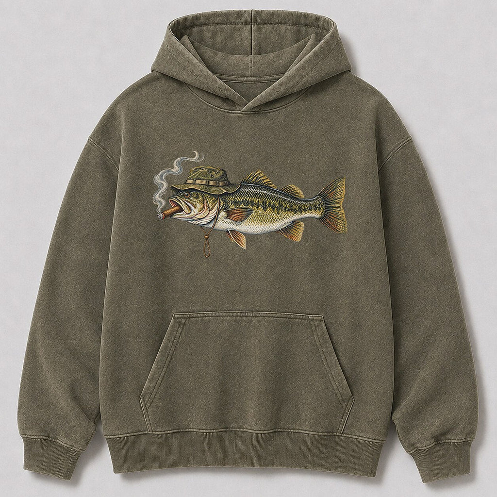Washed Cigar-Smoking Largemouth Bass Fishing Hoodie for Men - alternate product view