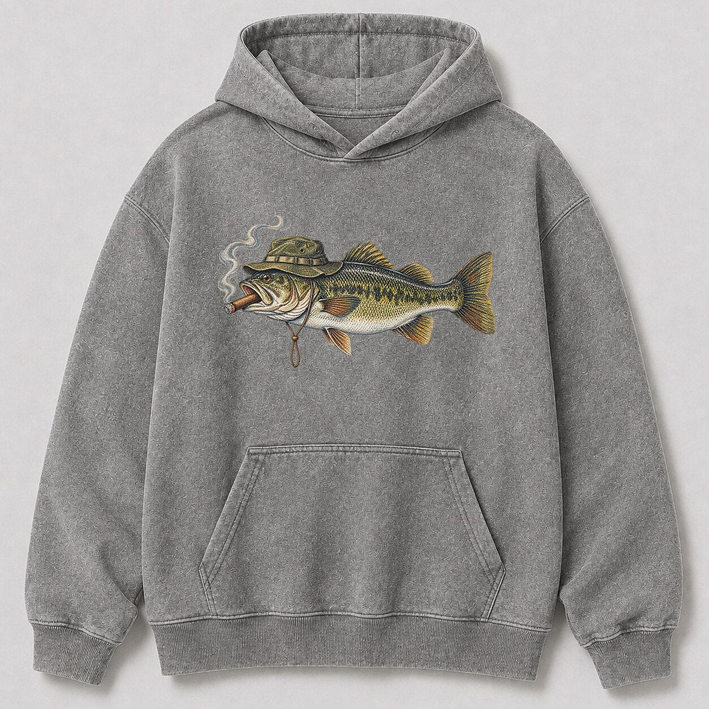 Washed Cigar-Smoking Largemouth Bass Fishing Hoodie for Men - lifestyle product view