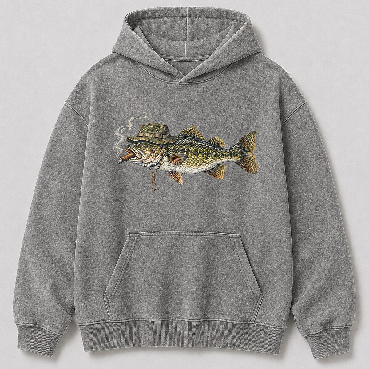 Washed Cigar-Smoking Largemouth Bass Fishing Hoodie for Men - lifestyle product view