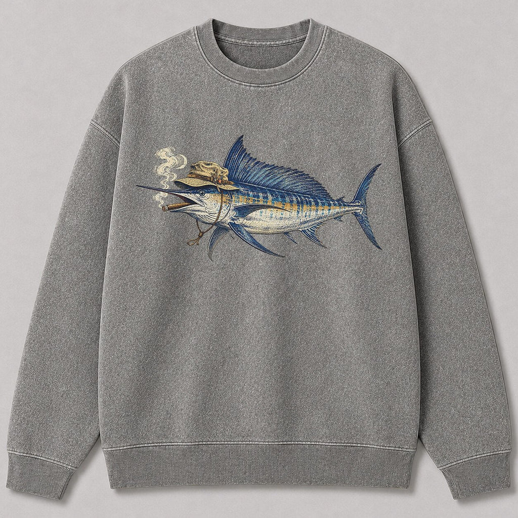 Washed Cigar-Smoking Sailfish Fishing Graphic Crewneck Sweatshirt for Men - front product view