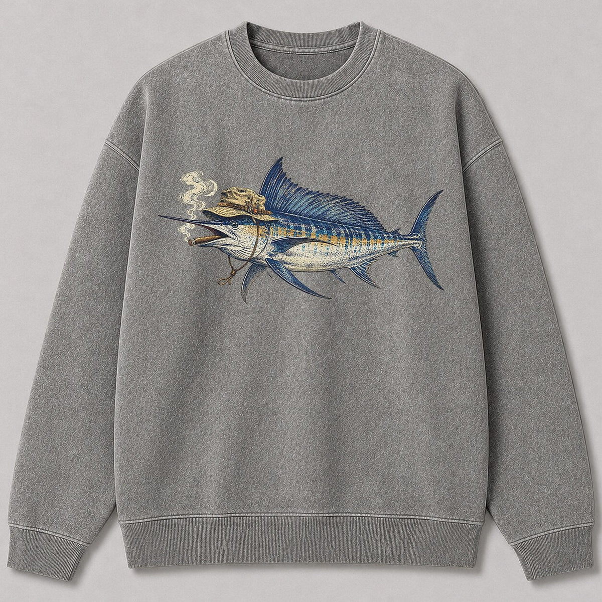 Washed Cigar-Smoking Sailfish Fishing Graphic Crewneck Sweatshirt for Men - front product view