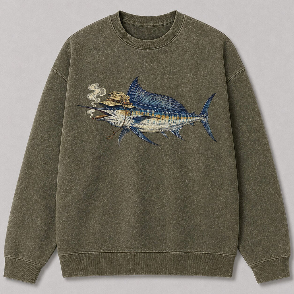 Washed Cigar-Smoking Sailfish Fishing Graphic Crewneck Sweatshirt for Men - alternate product view