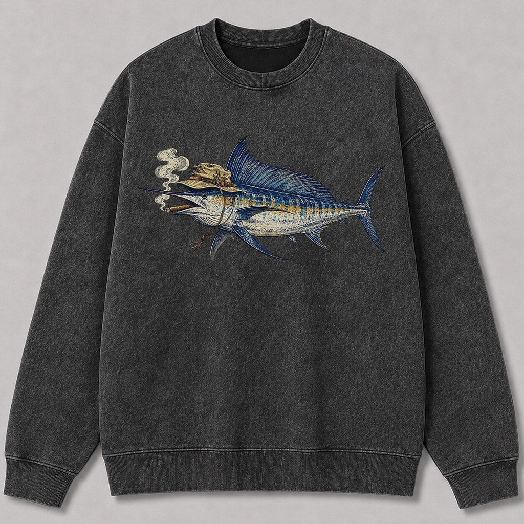 Washed Cigar-Smoking Sailfish Fishing Graphic Crewneck Sweatshirt for Men - lifestyle product view