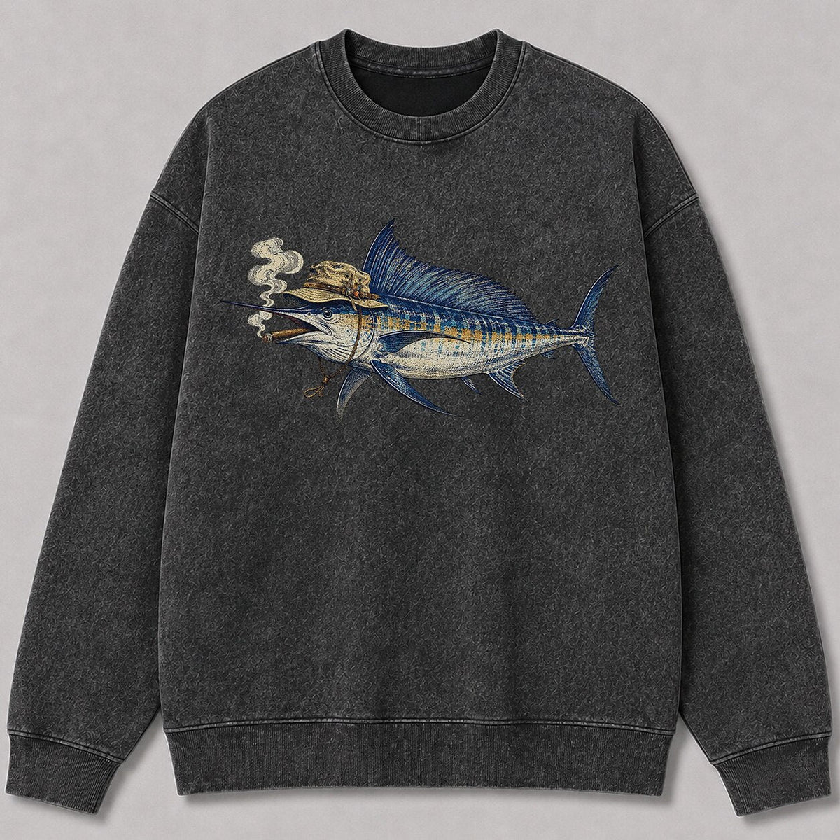 Washed Cigar-Smoking Sailfish Fishing Graphic Crewneck Sweatshirt for Men - lifestyle product view