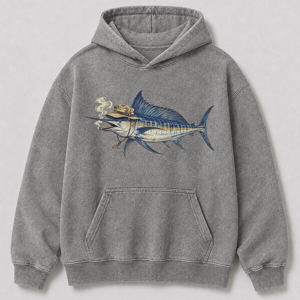 Washed Cigar-Smoking Sailfish Saltwater Fishing Hoodie for Men - front product view