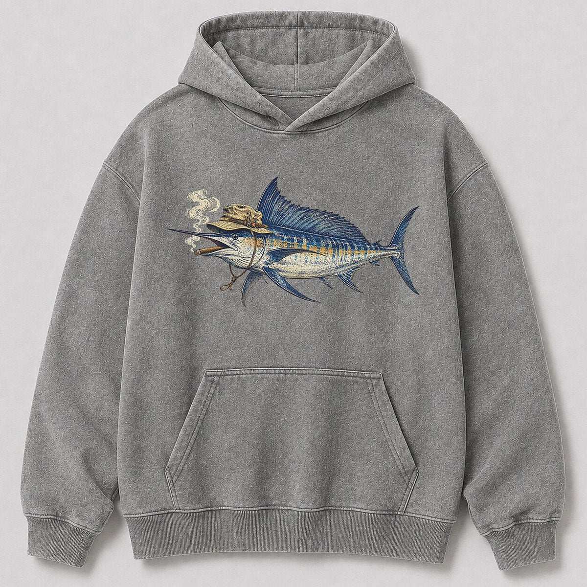 Washed Cigar-Smoking Sailfish Saltwater Fishing Hoodie for Men - front product view