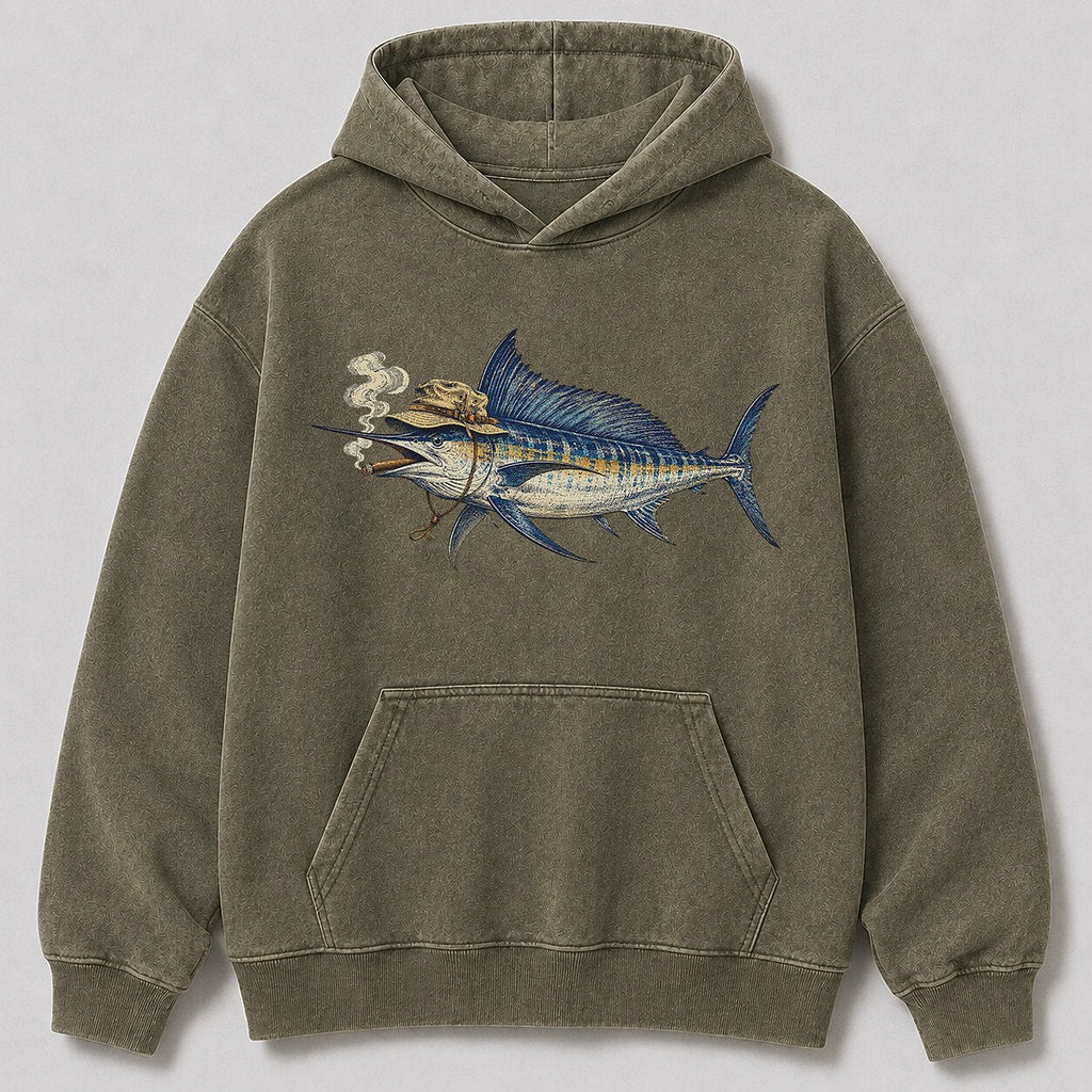 Washed Cigar-Smoking Sailfish Saltwater Fishing Hoodie for Men - alternate product view