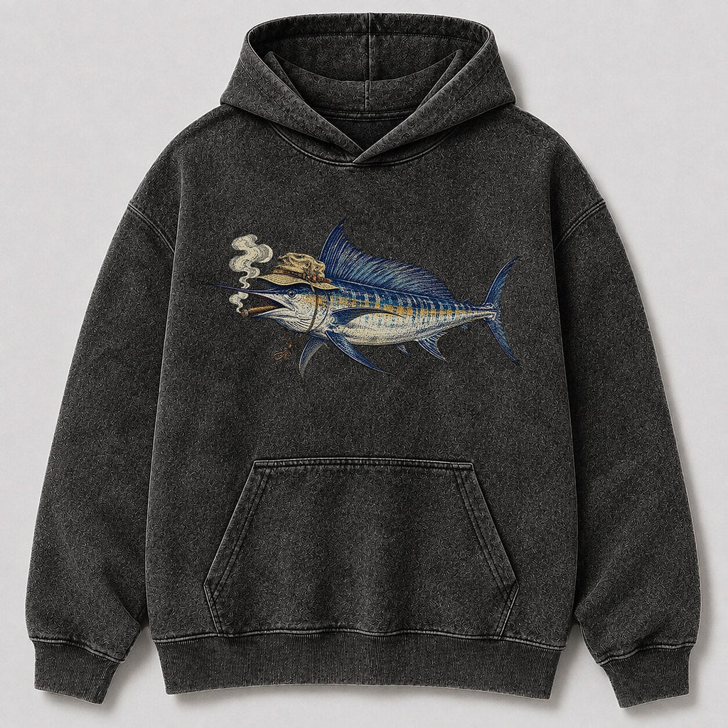 Washed Cigar-Smoking Sailfish Saltwater Fishing Hoodie for Men - lifestyle product view