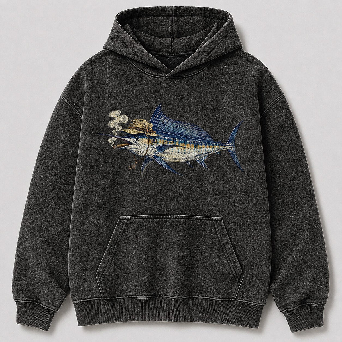 Washed Cigar-Smoking Sailfish Saltwater Fishing Hoodie for Men - lifestyle product view