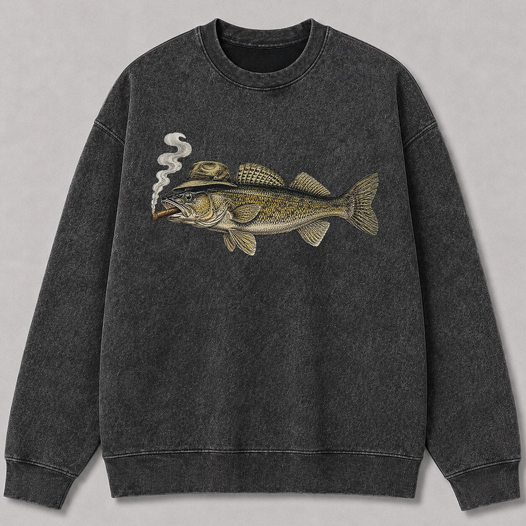 Washed Cigar-Smoking Walleye Fishing Graphic Crewneck Sweatshirt for Men - front product view