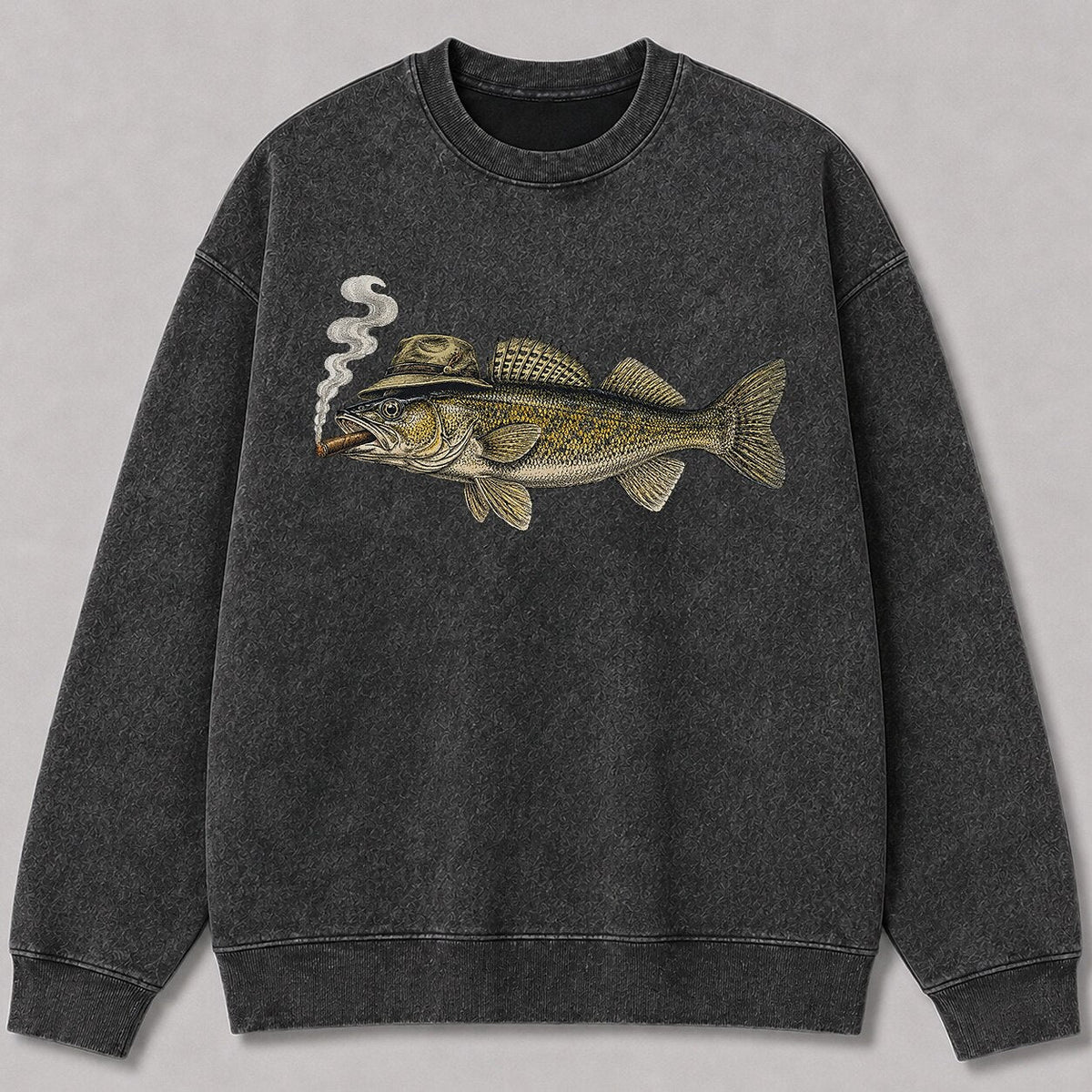 Washed Cigar-Smoking Walleye Fishing Graphic Crewneck Sweatshirt for Men - front product view