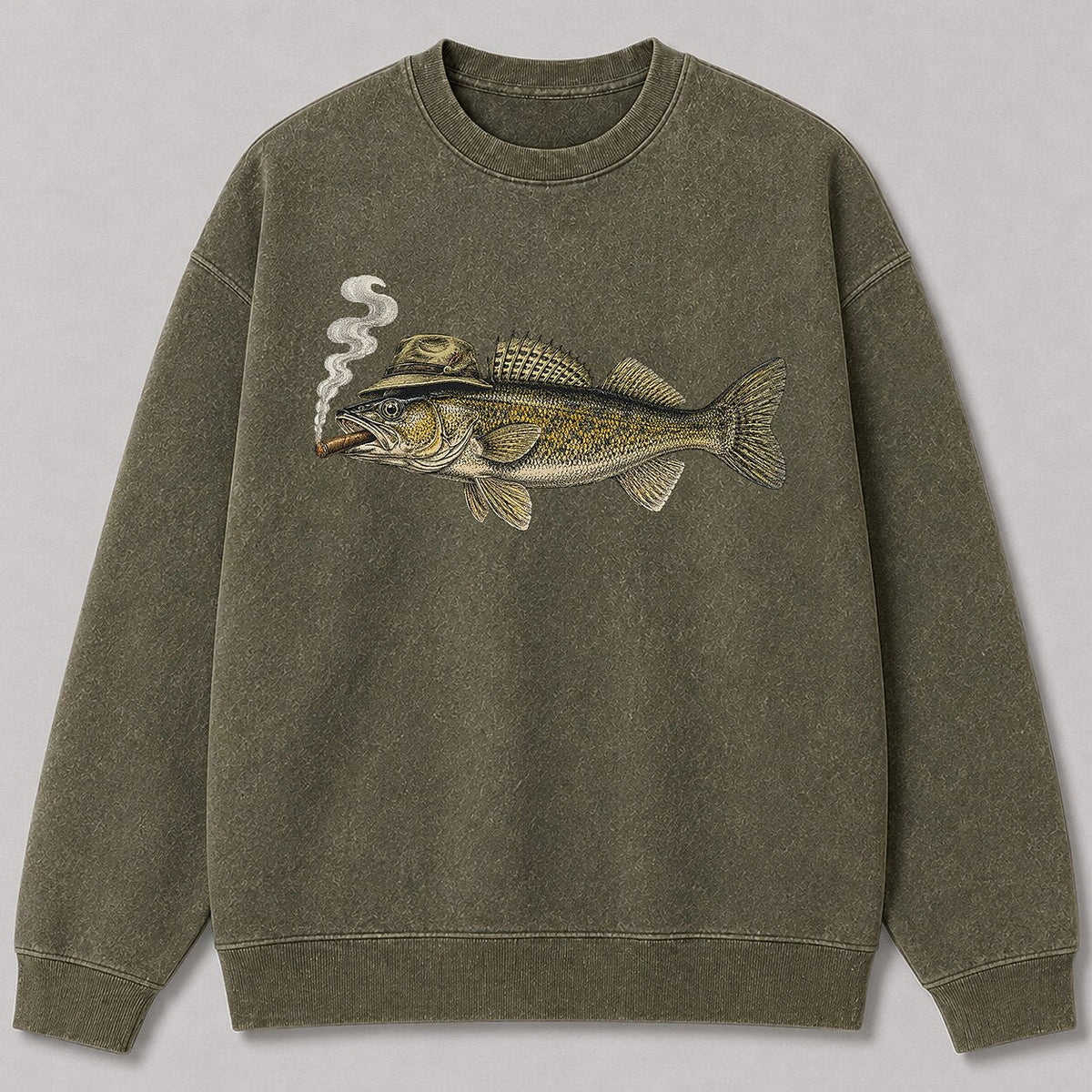 Washed Cigar-Smoking Walleye Fishing Graphic Crewneck Sweatshirt for Men - alternate product view