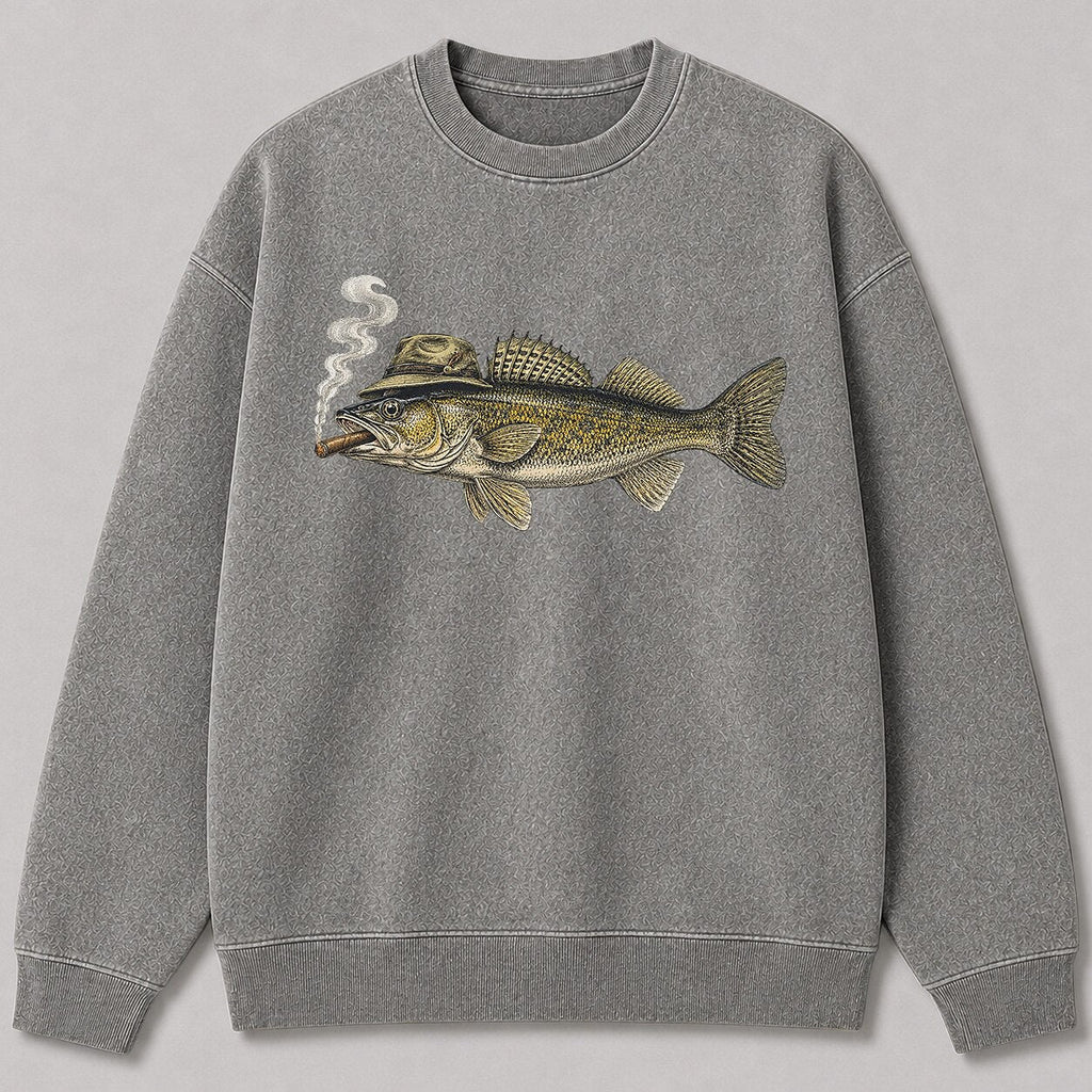 Washed Cigar-Smoking Walleye Fishing Graphic Crewneck Sweatshirt for Men - lifestyle product view