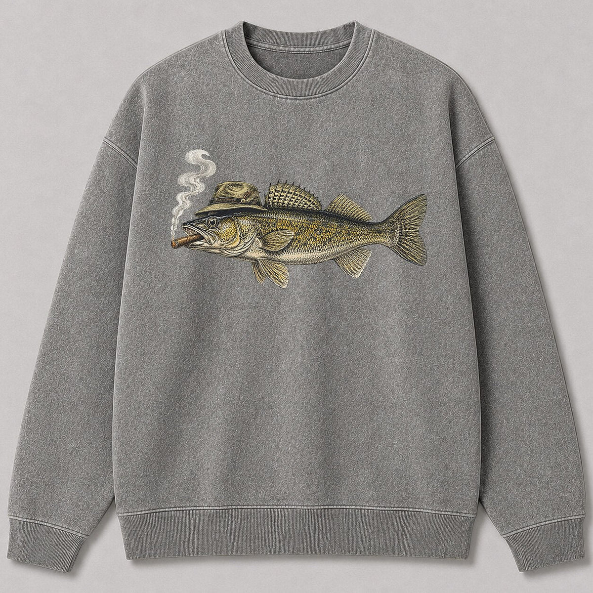 Washed Cigar-Smoking Walleye Fishing Graphic Crewneck Sweatshirt for Men - lifestyle product view