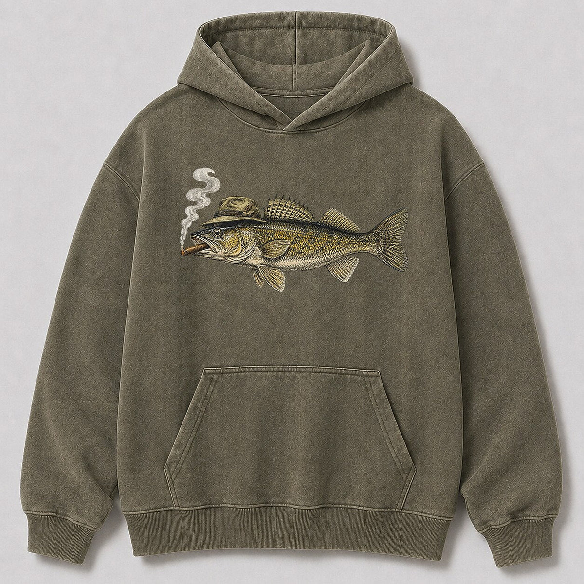 Washed Cigar-Smoking Walleye Lake Fishing Hoodie for Men - front product view