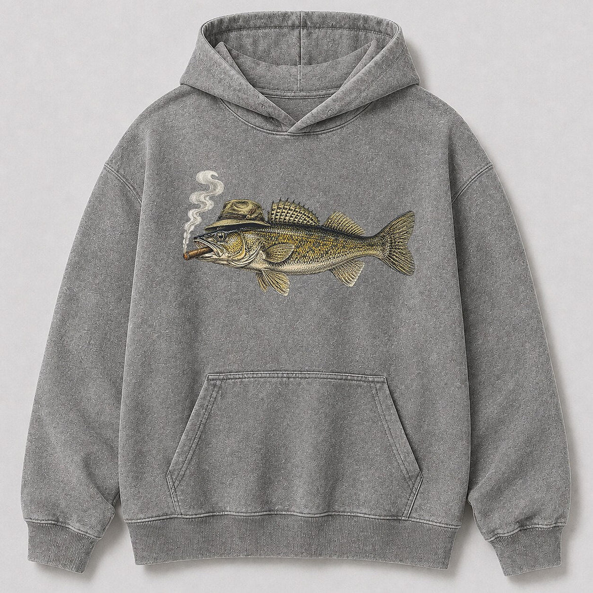 Washed Cigar-Smoking Walleye Lake Fishing Hoodie for Men - alternate product view
