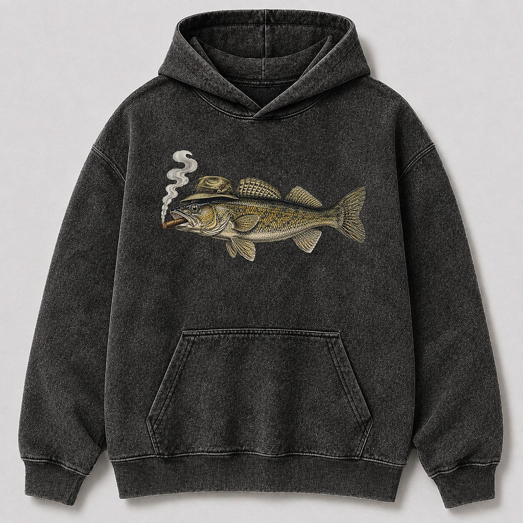 Washed Cigar-Smoking Walleye Lake Fishing Hoodie for Men - lifestyle product view