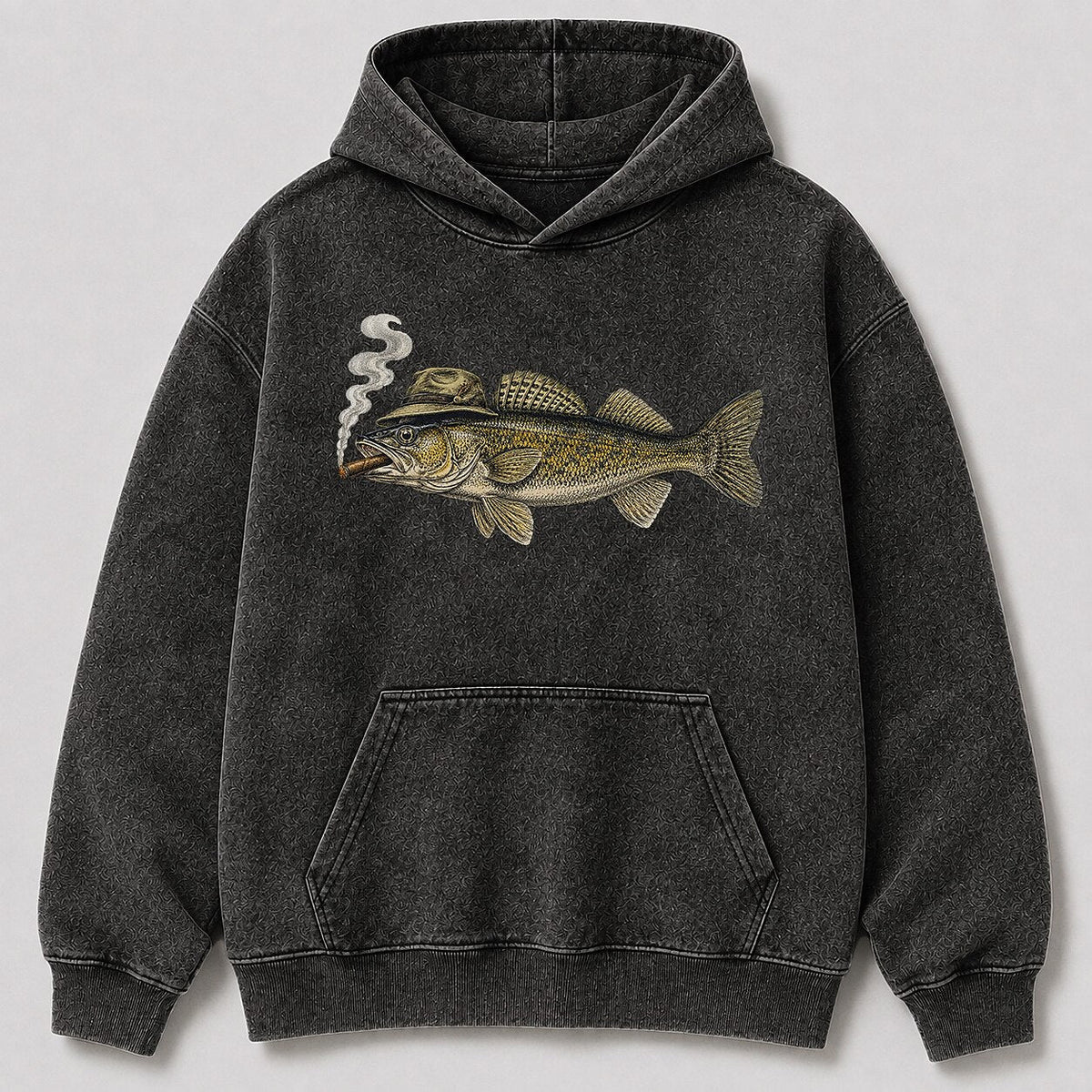 Washed Cigar-Smoking Walleye Lake Fishing Hoodie for Men - lifestyle product view