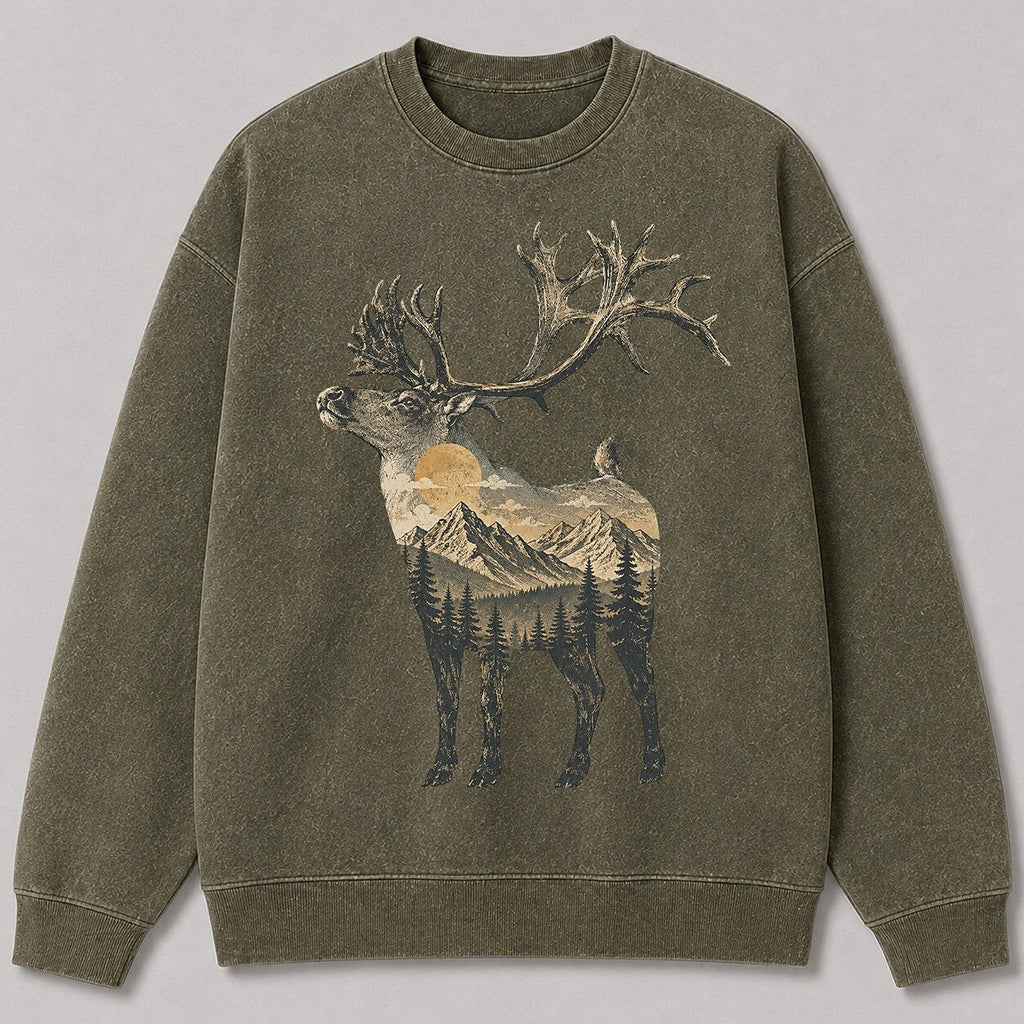 Washed Mountain Caribou Big Game Hunting Crewneck Sweatshirt for Men - front product view