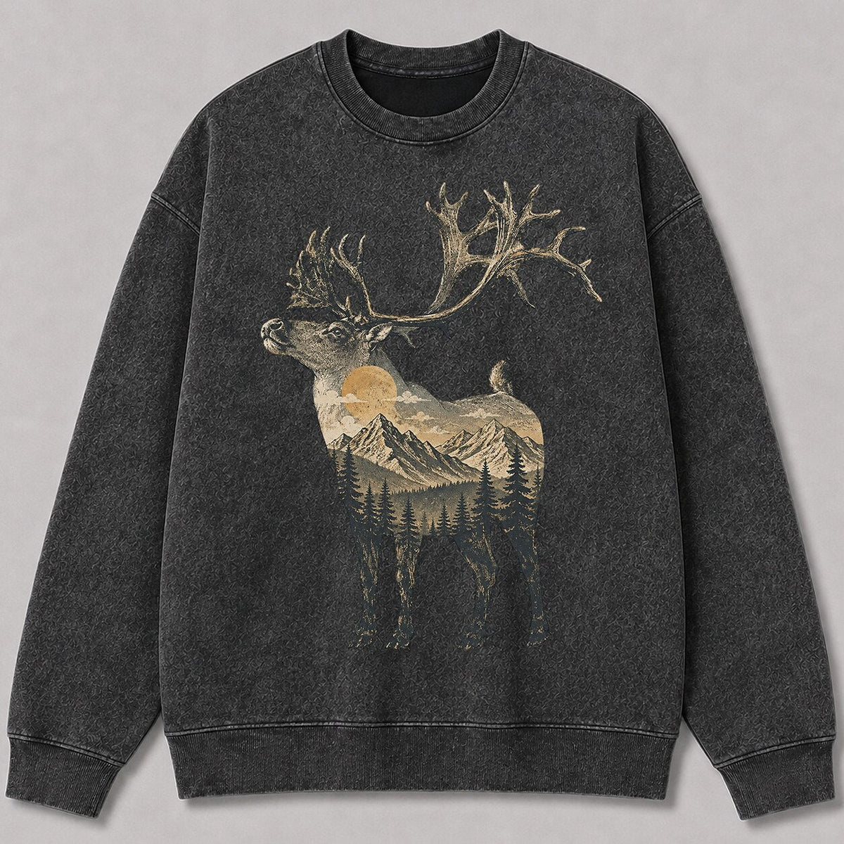 Washed Mountain Caribou Big Game Hunting Crewneck Sweatshirt for Men - alternate product view