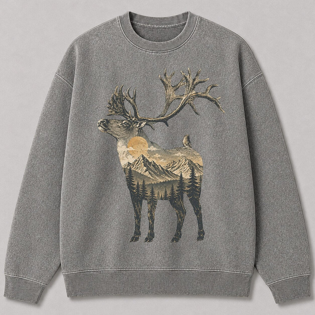 Washed Mountain Caribou Big Game Hunting Crewneck Sweatshirt for Men - lifestyle product view