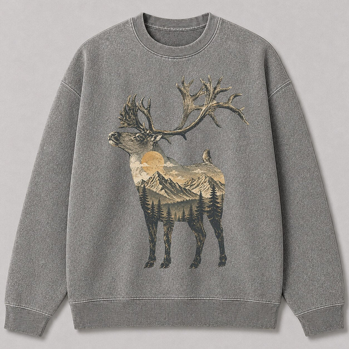Washed Mountain Caribou Big Game Hunting Crewneck Sweatshirt for Men - lifestyle product view