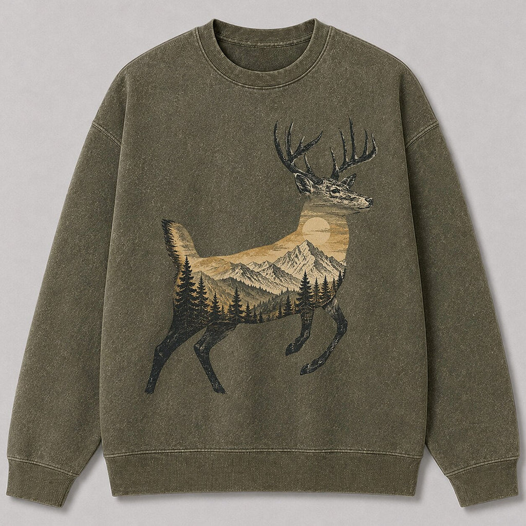 Washed Mountain Whitetail Deer Hunting Crewneck Sweatshirt for Men - front product view