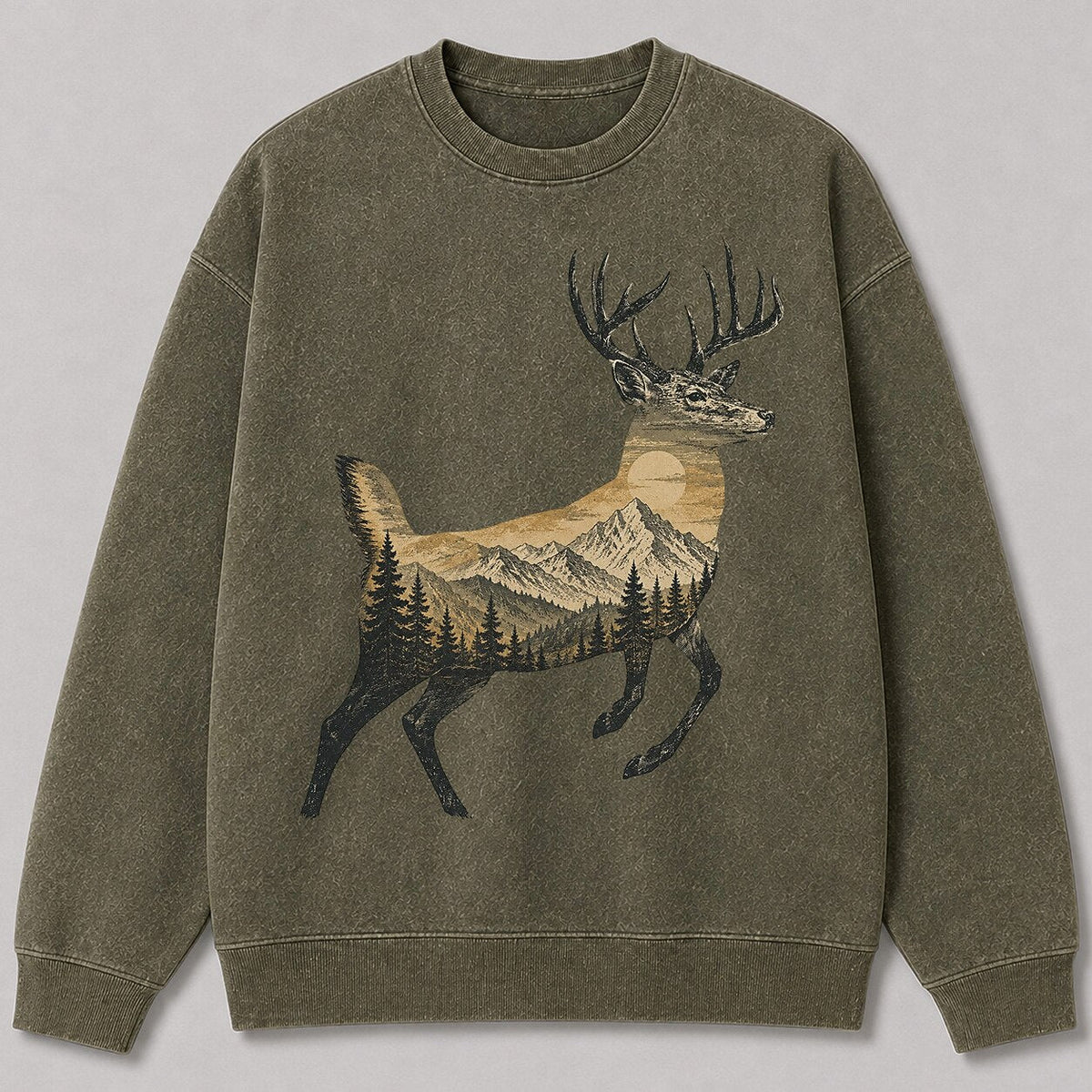 Washed Mountain Whitetail Deer Hunting Crewneck Sweatshirt for Men - front product view