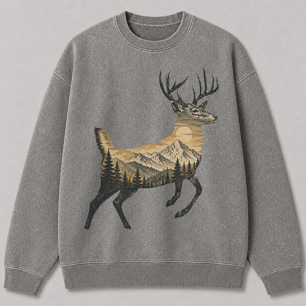 Washed Mountain Whitetail Deer Hunting Crewneck Sweatshirt for Men - lifestyle product view