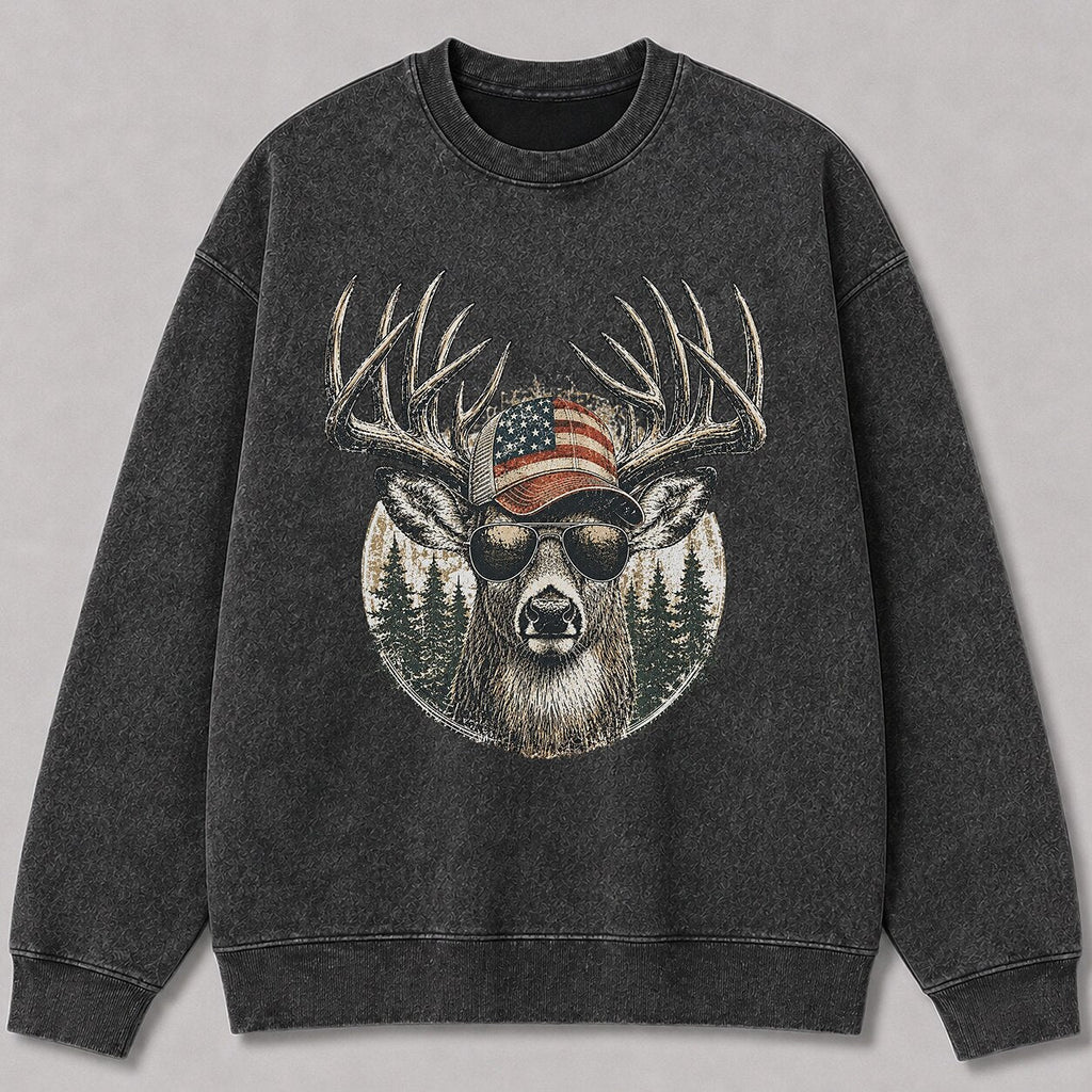 Washed Patriotic Whitetail Buck Hunting Crewneck Sweatshirt for Men - front product view