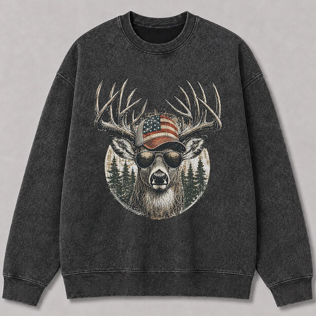 Washed Patriotic Whitetail Buck Hunting Crewneck Sweatshirt for Men - front product view