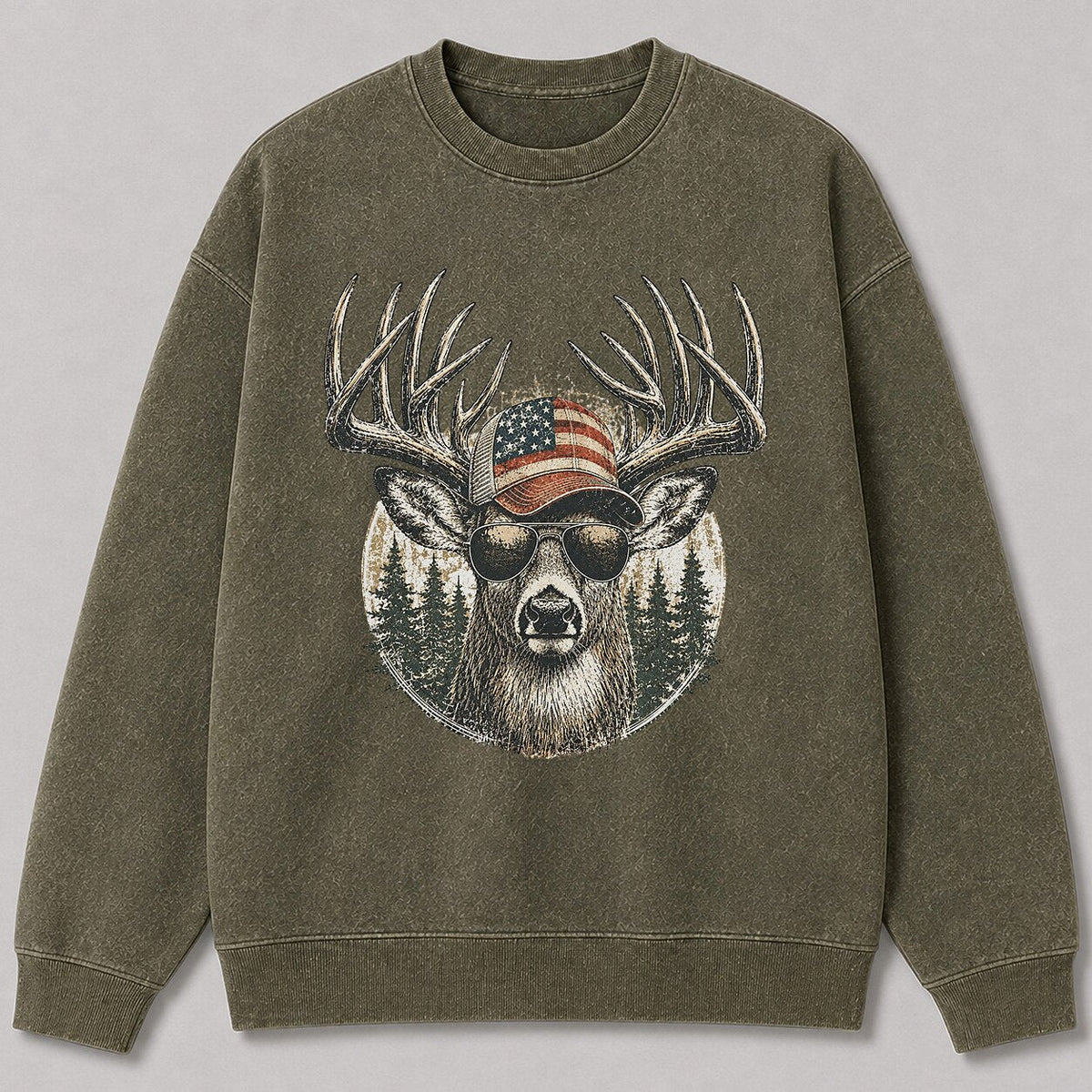 Washed Patriotic Whitetail Buck Hunting Crewneck Sweatshirt for Men - alternate product view
