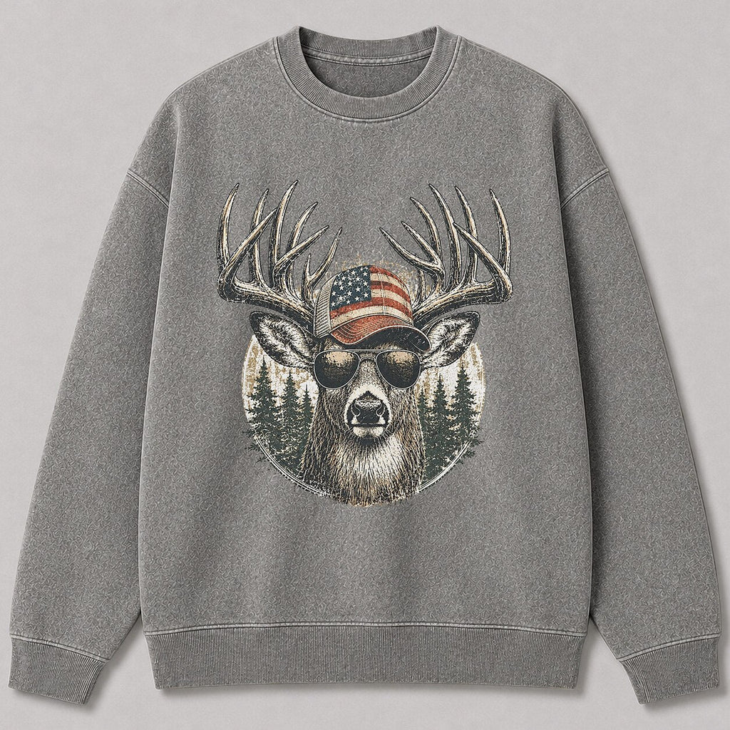 Washed Patriotic Whitetail Buck Hunting Crewneck Sweatshirt for Men - lifestyle product view