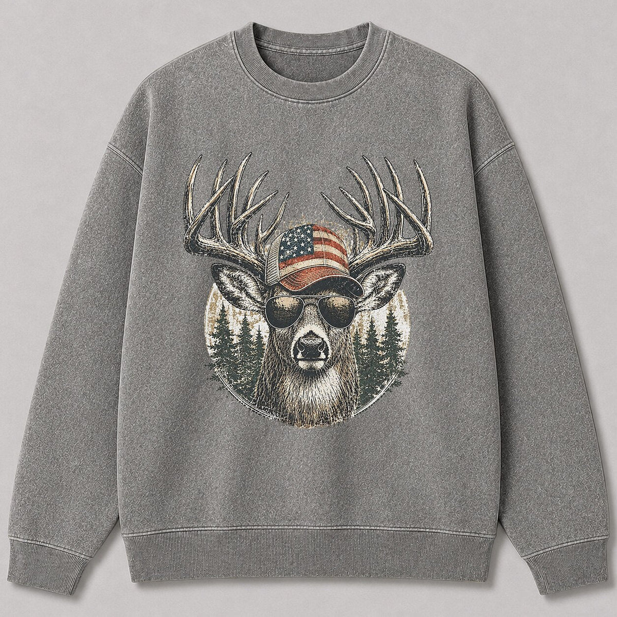 Washed Patriotic Whitetail Buck Hunting Crewneck Sweatshirt for Men - lifestyle product view