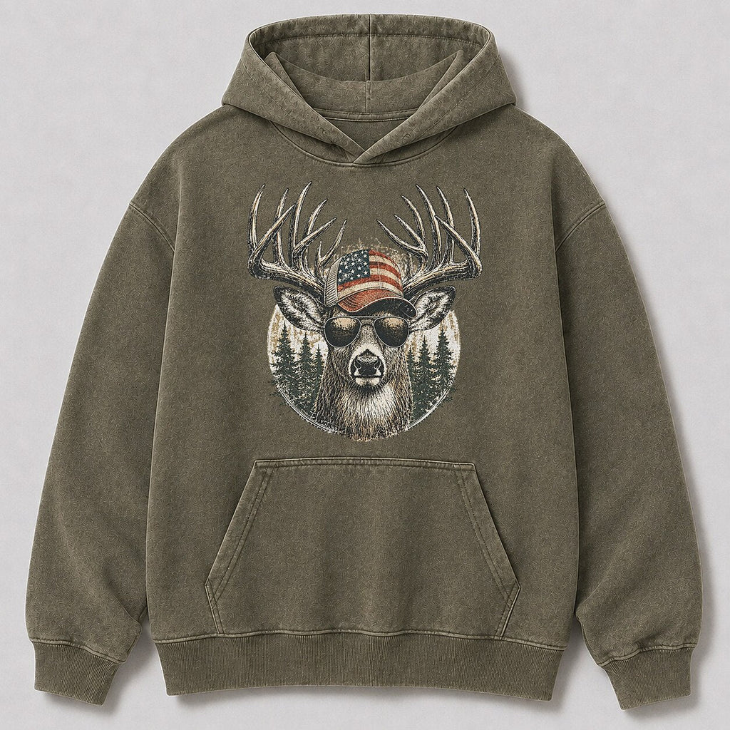 Washed Patriotic Whitetail Buck Hunting Hoodie for Men - front product view