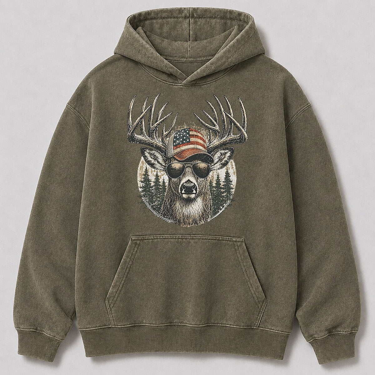 Washed Patriotic Whitetail Buck Hunting Hoodie for Men - front product view