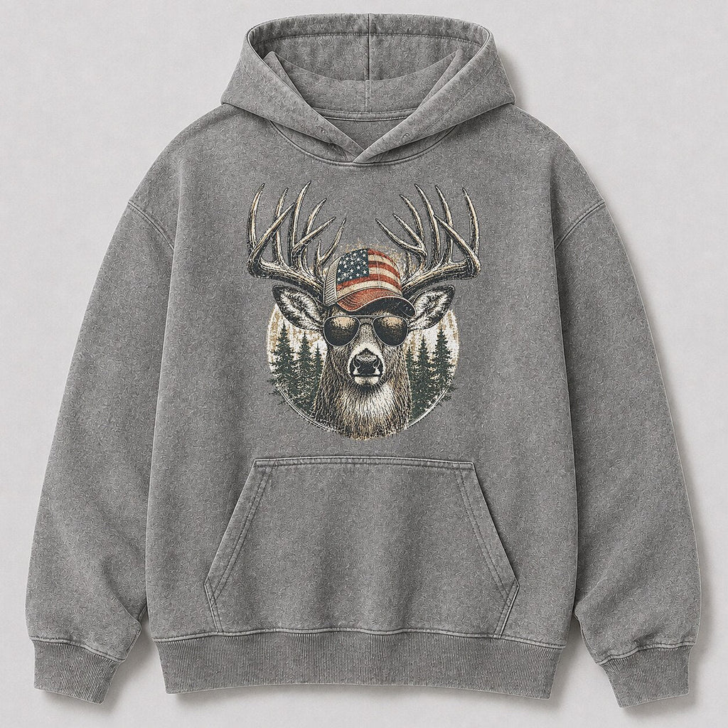 Washed Patriotic Whitetail Buck Hunting Hoodie for Men - alternate product view