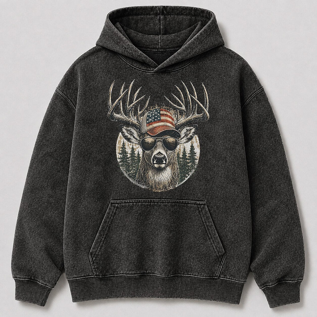 Washed Patriotic Whitetail Buck Hunting Hoodie for Men - lifestyle product view