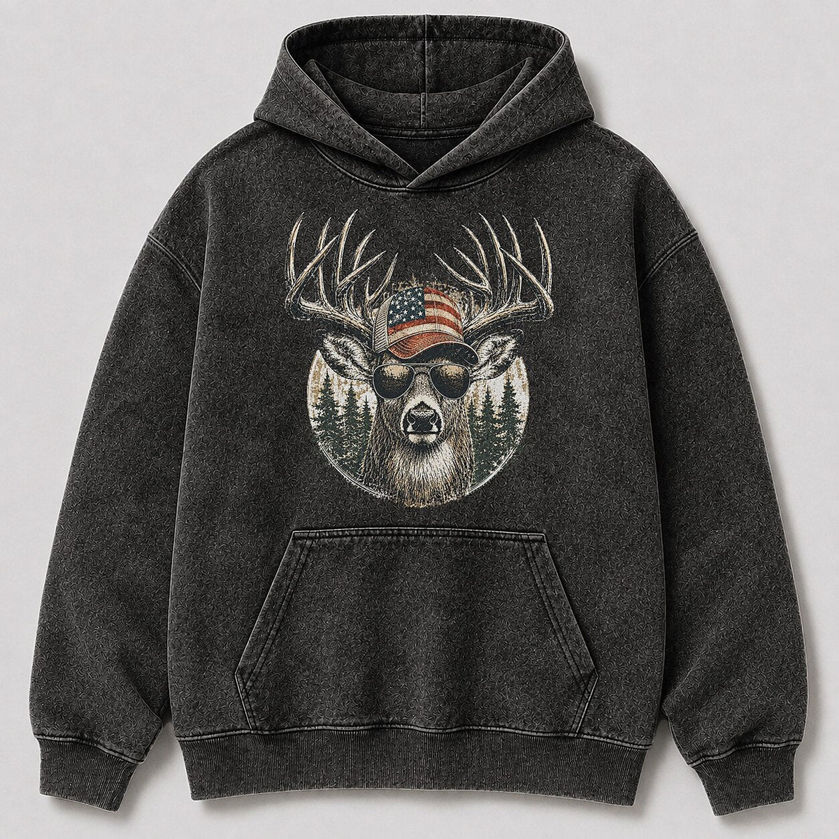 Washed Patriotic Whitetail Buck Hunting Hoodie for Men - lifestyle product view