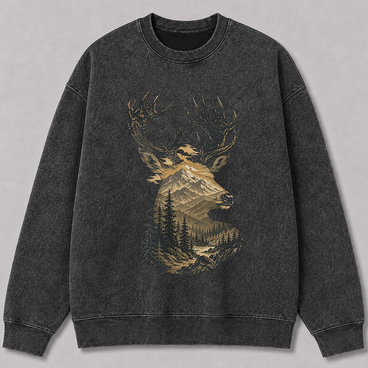 Washed Rocky Mountain Elk Hunting Crewneck Sweatshirt for Men - lifestyle product view