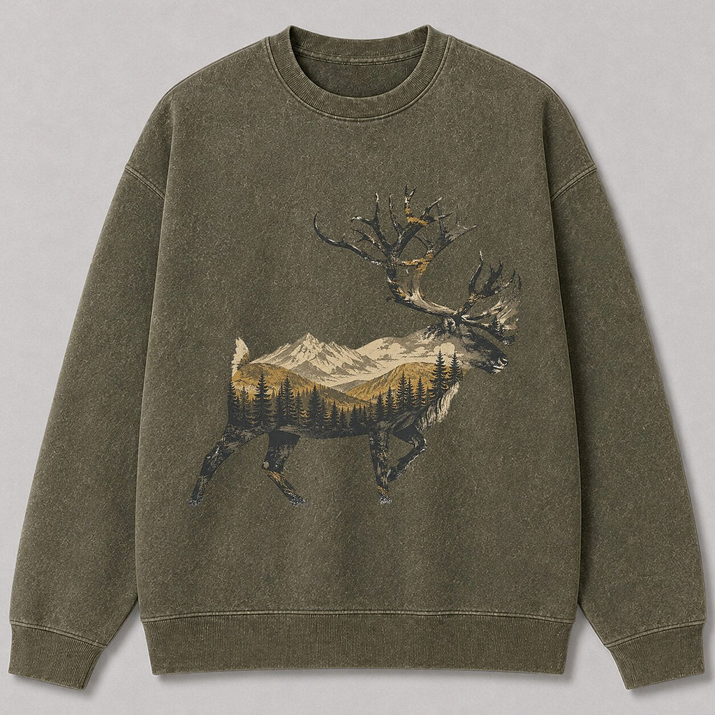 Washed Running Caribou Mountain Hunting Crewneck Sweatshirt for Men - front product view