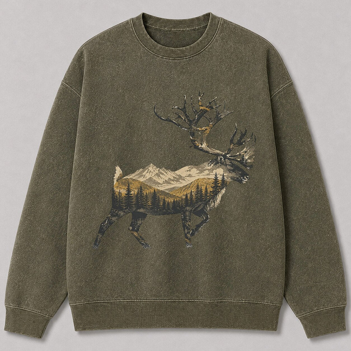 Washed Running Caribou Mountain Hunting Crewneck Sweatshirt for Men - front product view